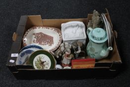 A tray containing assorted china including English pottery steak plate, continental items,