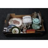 A tray containing assorted china including English pottery steak plate, continental items,