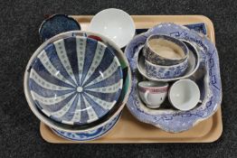 A tray containing oriental china and antique blue and white willow pattern china