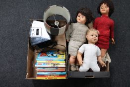 A box containing four mid 20th century plastic headed dolls together with a further box of Dandy