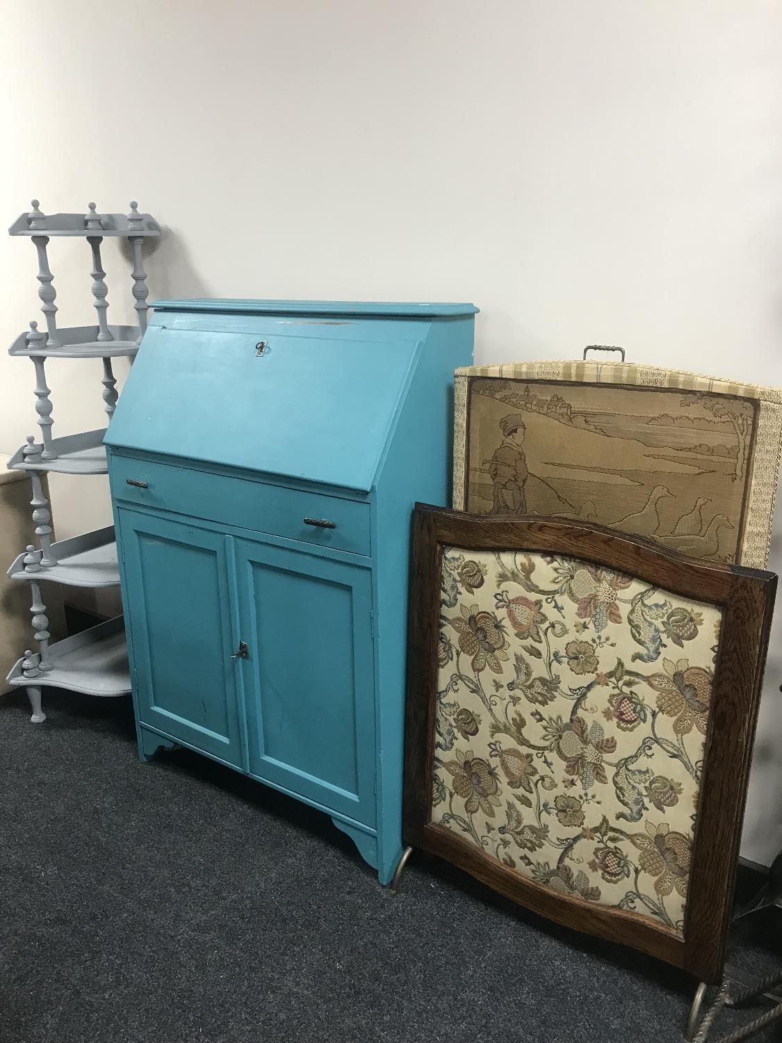 A painted oak lady's bureau, five tier corner what not stand,