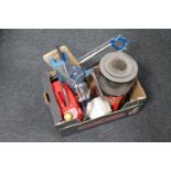 A box of drill stand, mitre saw, jerry can,
