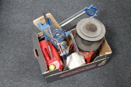 A box of drill stand, mitre saw, jerry can,