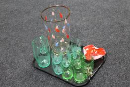 A tray containing 20th century glassware including mid 20th century hand painted vase,