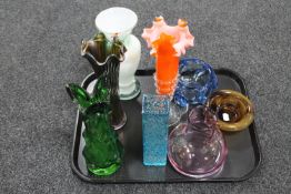 A piece of 20th century coloured glassware together with a Whitefriars style blue vase,