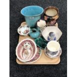 A tray of assorted china : Royal Doulton figure ballet shoes HN 3434, Ringtons bowl, Masons vase,