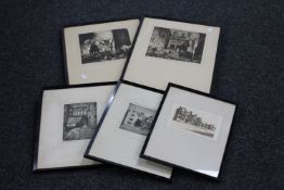 Two framed Frank Brangwyn black and white etchings together with a further three framed black and