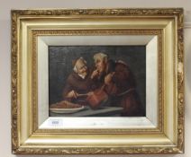 Salvatore Maresco : Two monks in a kitchen, oil on canvas, indistinctly signed, 25 cm x 18 cm,