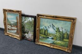 Three framed oil paintings : River through woodland indistinctly signed,