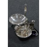 A tray containing 20th century plated wares to include a comport, two handled bow, ladles,