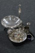 A tray containing 20th century plated wares to include a comport, two handled bow, ladles,