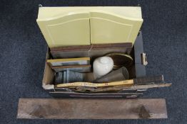A box of dart board in cabinet, Edwardian oak tray, stoneware foot warmer, copper horn,