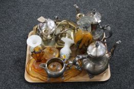 A tray of four piece plated tea service, plated basket and table candelabra,