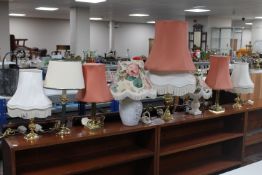 Two pairs of brass table lamp with shades together with two further brass table lamps with shades,