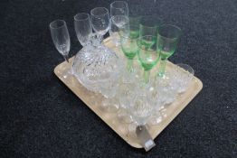 A tray of assorted glassware to include a pair of lead crystal whisky tumblers,