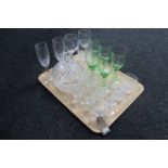 A tray of assorted glassware to include a pair of lead crystal whisky tumblers,
