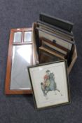 A box containing an Edwardian mahogany sectional framed wall mirror together with assorted framed