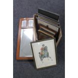A box containing an Edwardian mahogany sectional framed wall mirror together with assorted framed