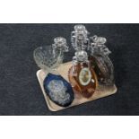 A tray containing 20th century glass vases and bowls, Bentima eight day mantel clock, plated ware,