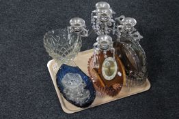 A tray containing 20th century glass vases and bowls, Bentima eight day mantel clock, plated ware,