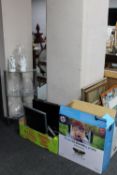 A boxed HP printer together with a further box containing LCD TV, Samsung monitor,