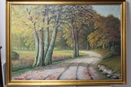 A gilt framed continental school oil on canvas - Path through woodland signed A.