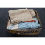 A box containing antique and later bed linen, quilts,