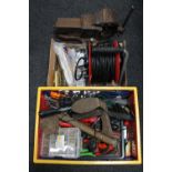 A crate of assorted hand tools and hardware together with a further box containing switches,