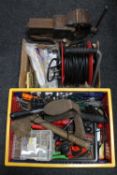 A crate of assorted hand tools and hardware together with a further box containing switches,