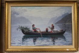 A gilt framed picture on board of three children in a rowing boat after Hans Dahl