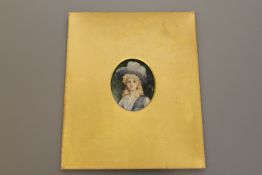 A nineteenth century portrait miniature depicting a lady wearing a blue dress and hat.