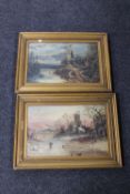 Two gilt framed oil on panel paintings depicting a windmill by a coastline and a man in a winter