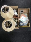 Two boxes of serving tray, china, glass vase, light fitting,