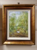 Terry Evans (Born 1943) : Woodland with lake beyond, oil on canvas, 39 cm x 29 cm, signed, framed.