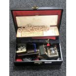 A jewellery box containing pair of Victorian silver napkin rings, pair of 9ct gold earrings,