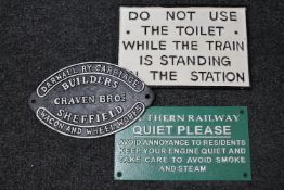 Three cast iron railway plaques and notices