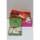 A box of cigarette cards and Kensitas silks, vintage tin etc, together with a box of coins,