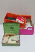 A box of cigarette cards and Kensitas silks, vintage tin etc, together with a box of coins,