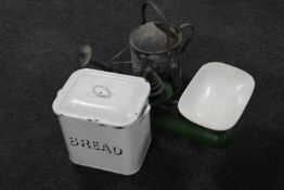 A set of vintage Avery kitchen scales with weights together with an enamelled bread bin and a