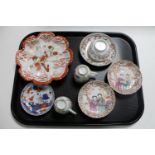 Eight pieces of antique and later Chinese porcelain : scalloped edged dish, tea bowl and saucer,