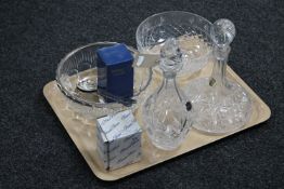 A tray of two lead crystal decanters, bowl,