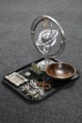 A tray containing a metal armillary sphere, treen bowl, metal animal figures, pill box,