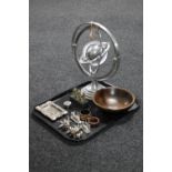 A tray containing a metal armillary sphere, treen bowl, metal animal figures, pill box,