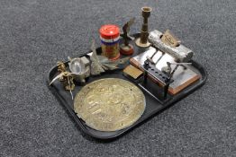 A tray containing Elizabeth II Coronation money ox, Trench art candle stick,