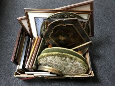 A box of tapestry footstool, brass plaque, gilt framed mirror,
