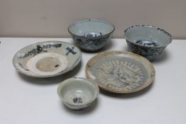 A 19th century Chinese plate and five other similar pieces of Chinese pottery