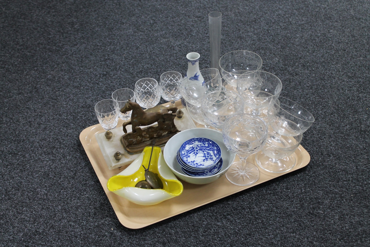 A tray of blue and white ware, Oriental items, handkerchief dish,