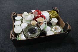 A box of Ringtons tin and caddies, assorted tea china,