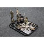 A tray containing a pair of antique metal figures Blacksmiths on wooden bases together with