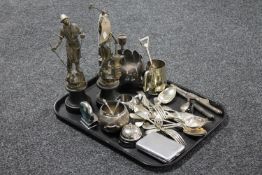 A tray containing a pair of antique metal figures Blacksmiths on wooden bases together with